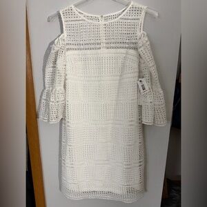 Nicole Miller Elegant White Crochet Long Sleeve Dress